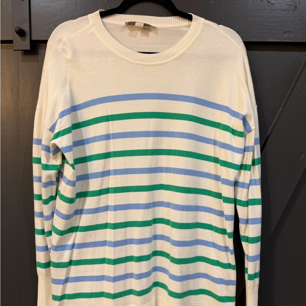 LOFT Green and Blue Striped Crewneck Top